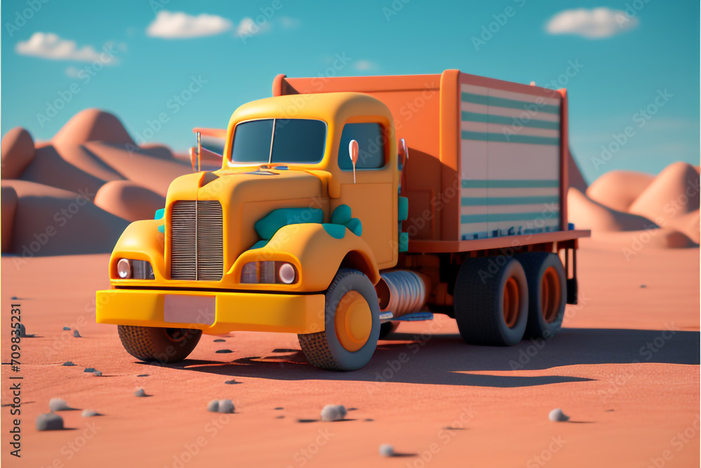 Fototapeta premium Huge colorful truck with heavy and dangerous cargo. Stylized, cartoony, fun 3D model. Transportation, heavy cargo, van, truck, trailer.