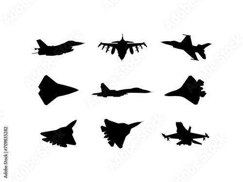 Set of Fighter Jet Silhouette in various poses isolated on white background