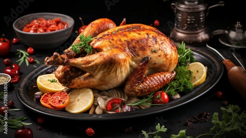 Capturing the Heart of Thanksgiving: Roasted Chicken/Turkey Amidst Autumn Bounty on a Dark Background - Ideal for Festive Celebrations, Family Gatherings, and Culinary Joy!