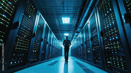Silhouette of a person standing in the middle of a data center aisle, flanked by server racks with glowing lights