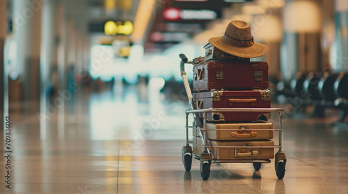 Stack suitcases of varying sizes and colors with a straw hat on top, placed on a luggage trolley photo