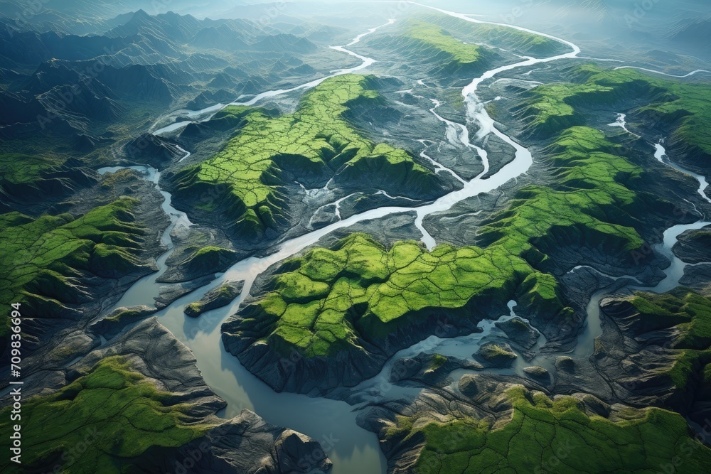 Aerial View of Serpentine Rivers Through Mountains