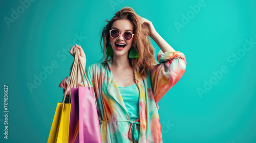 Young woman with sunglasses holding several colorful shopping bags.