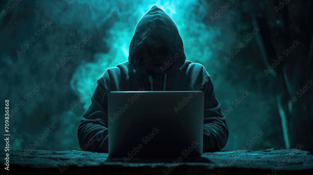 Silhouette of a mysterious figure in a hoodie, facing away from the camera, illuminated by the blue light of a laptop screen in a dark room Silhouette of a mysterious figure in a hoodie, facing away from the camera, illuminated by the blue light of a laptop screen in a dark room