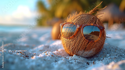 A coconut in sunglasses lies on the sand on the shore of the island