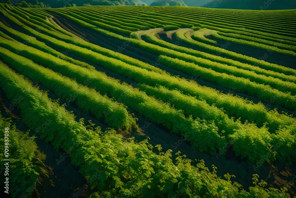 A panoramic view of a lush landscape, featuring colorful fields and meticulously aligned rows of currant bush seedlings. The vibrant hues and perfect lighting