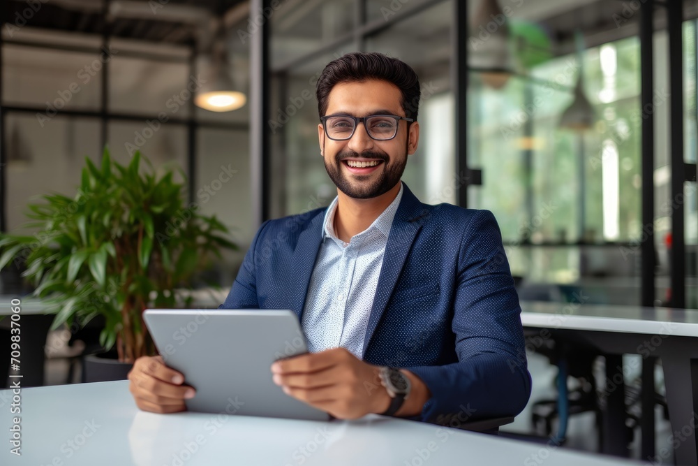 Fototapeta premium Happy Indian business man manager analyst using tablet computer, businessman employee or executive looking at camera working on tab device with financial data ai solutions at office desk.Generative AI