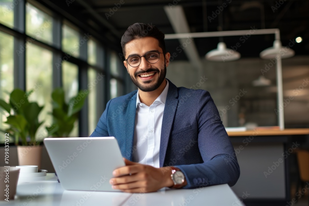 Happy Indian business man manager analyst using tablet computer, businessman employee or executive looking at camera working on tab device with financial data ai solutions at office desk.Generative AI Happy Indian business man manager analyst using tablet computer, businessman employee or executive looking at camera working on tab device with financial data ai solutions at office desk.Generative AI