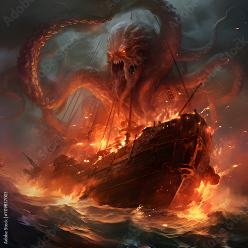 Sailing ship on flames, at sea, attacked by kraken. Night outside, sea monster atacking and fighting pirate ship photo