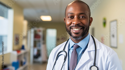 Smiling doctor standing in medical practice photo