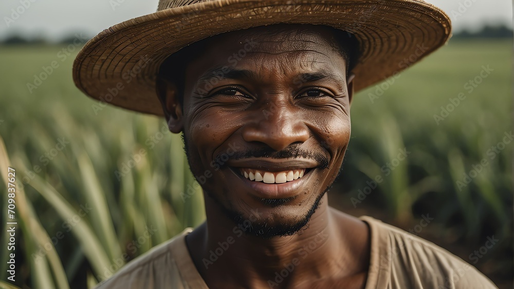 Portrait of a smiling a black african farmer on a rice field background from Generative AI