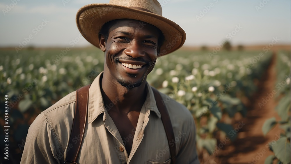 Portrait of a smiling a black african farmer on a pima cotton field background from Generative AI