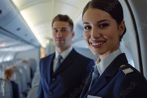 young smiling steward girl and man waiting for passengers at the entrance of the plane, travel concept. photo