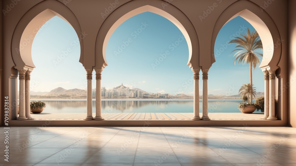 background for the Islamic holiday of Ramadan in a minimalist style, with a podium, with sunlight, in light beige delicate shades and elements of nature.