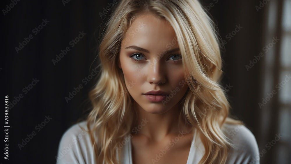 Portrait of a blonde beautiful intimate model with natural features for seductive ad concept from Generative AI Portrait of a blonde beautiful intimate model with natural features for seductive ad concept from Generative AI