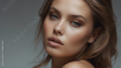 Portrait of a beautiful model with natural features and touching face, treatment skin care make up ad concept from Generative AI