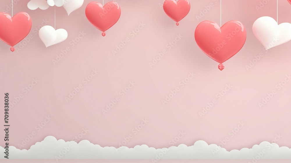 Valentine's Day Greeting Background in Realistic Papercut Style with Flying Heart on String, Pink Banner Party Invitation Template with Calligraphy Words, Copy Space Available for Text or Promotional 