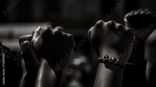 Cropped shot of hands rsed with closed fists. Multiple hands rsed up with closed fist symbolizing the black lives matter movement. photo