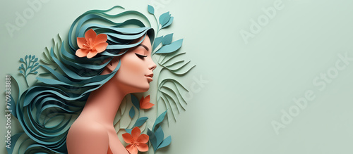 Beauty woman face with flower annd green leaf illustration papercut style with copy space. Template for international woman's day and positive mental health concept. Generative ai. photo