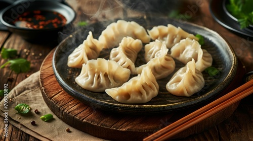 Savory Steamed Dumplings on Rustic Plate with Aromatic Herbs and Soy Sauce