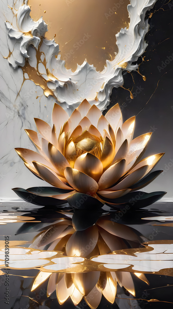 Abstract background is a white and gold lotus on a black background.
