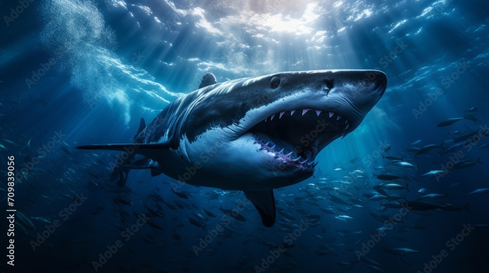 Fototapeta premium Majestic Great White Shark Gliding Through a School of Fish Under Ocean Rays