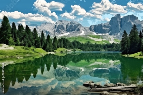 Scenic Alpine Lake with Lush Greenery and Mountain Reflection