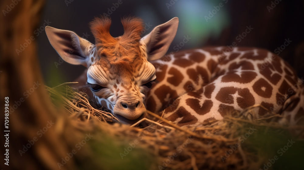 Obraz premium tiny Giraffe sleeping created with Generative Ai