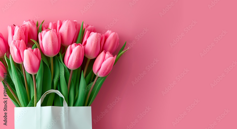 Fototapeta premium A bouquet of tulips in a gift bag on a pink background. Banner, space for text.