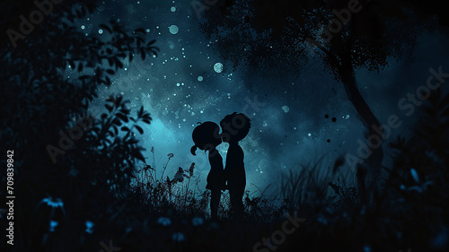 Couple Romance Night Blue light Big moon Valentines day background 