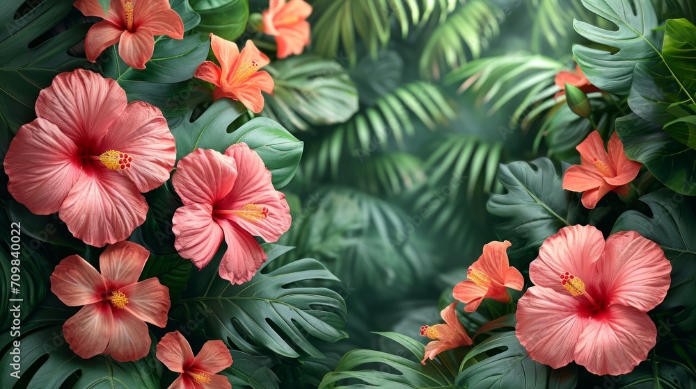 Fototapeta premium Watercolor images of flowers and leaves can be used as backgrounds for summer holidays, wedding invitations, and birthday parties.