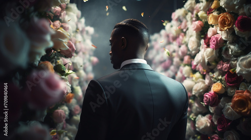 groom holding a bouquet behind his back