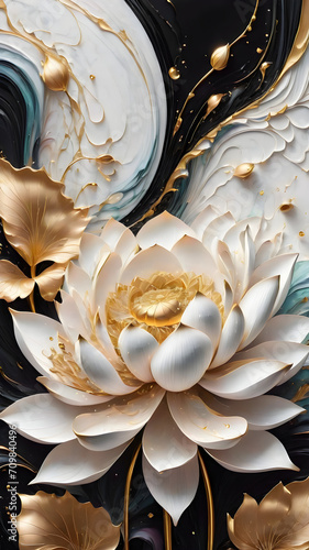 Abstract background is a white and gold lotus on a black background.