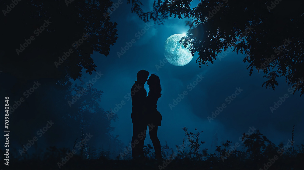 Couple Romance Night Blue light Big moon Valentines day background Couple Romance Night Blue light Big moon Valentines day background