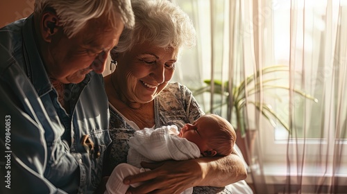 Happy grandfather and grandmother look at a newborn baby In a bright room at home. Generations of the family photo