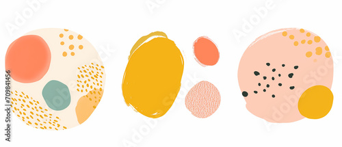 Conjunto de tres formas coloridas e abstratas nas cores amarelo, bege, laranja, azul e rosa isoladas no fundo branco - Ilustração estilo clipart