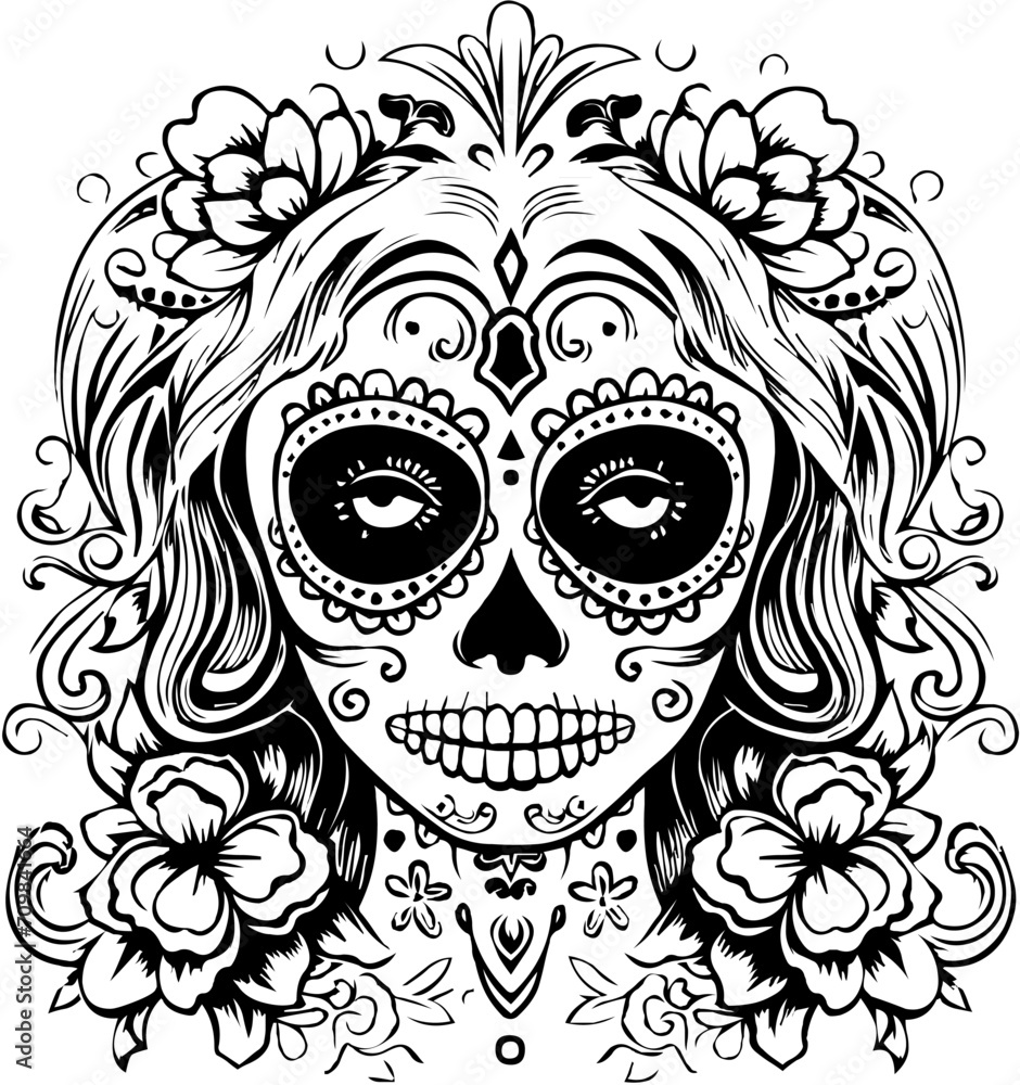 Femme Sugar skull style vector Portrait in Traditional Mexican Style