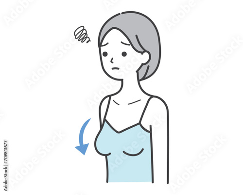バストが垂れて悩む女性のイラスト　シンプルタッチ