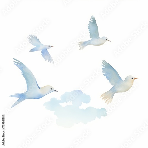Aquarell von einem Vogelschwarm der gegen den Himmel fliegt Illustration © Michael