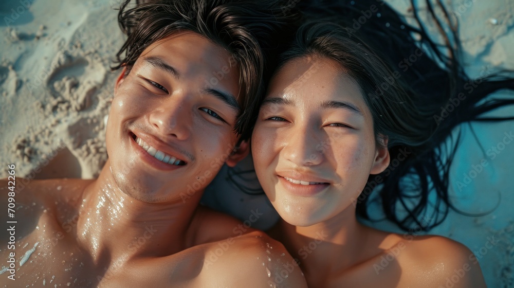 selfie portrait of an Asian heterosexual couple, laying on the sandy beach together sunbathing, selfie portrait of an Asian heterosexual couple, laying on the sandy beach together sunbathing,