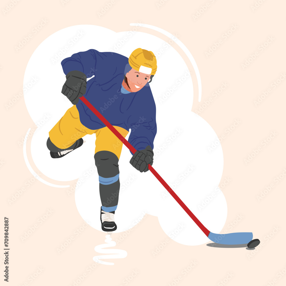 Obraz premium Hockey player hits the puck on a white background. Vector illustration.