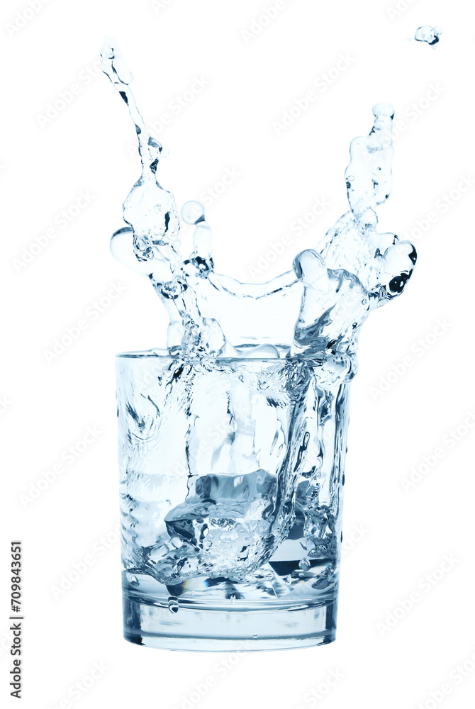 Falling Ice Cubes into the Glass of Water with splash, isolated on white background Falling Ice Cubes into the Glass of Water with splash, isolated on white background