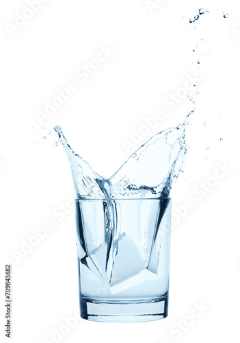 Falling Ice Cubes into the Glass of Water with splash, isolated on white background 