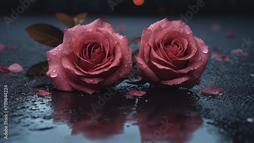 pink rose with water drops in asphalt