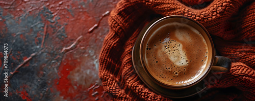 Close up photo cup of cappuccino coffee with foam on knitted burgundy fabric. Hot warming fresh drink in a cozy atmosphere. Top view banner with empty space. Concept for cafe, bar, barista, morning. photo
