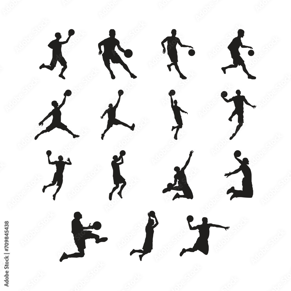 Basketball players icons collection dynamic black silhouettes sketch