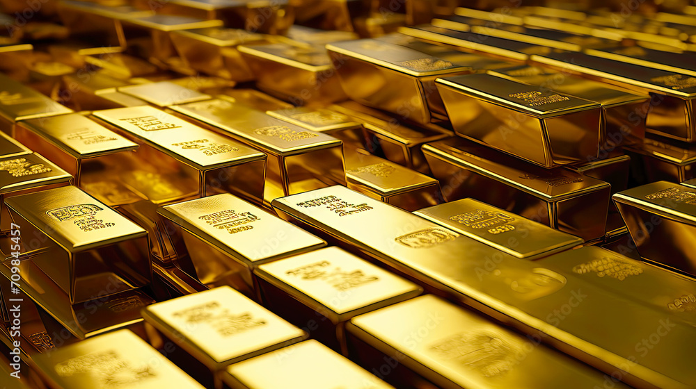 Stacked gold ingots deposited in bank vault. Postproducted generative AI illustration. Stacked gold ingots deposited in bank vault. Postproducted generative AI illustration.