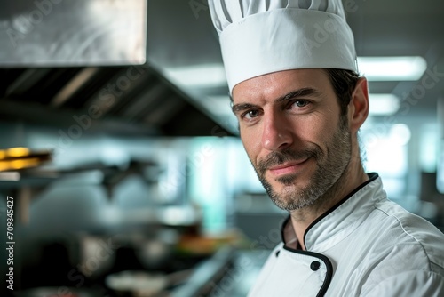 Close-up of an American man in a chef's uniform, showcasing culinary art, against a kitchen backdrop.