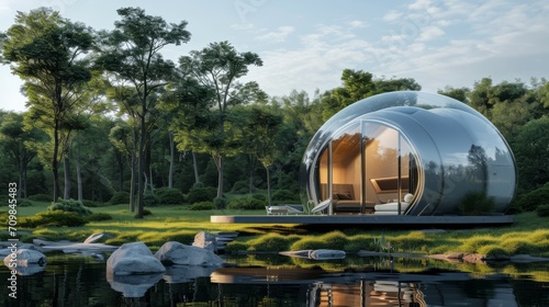 Tranquil Nature Retreat in a Futuristic Glass Dome House by the Lakeside at Dusk