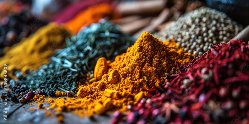 Fototapeta premium Close up of spices and herbs on the table